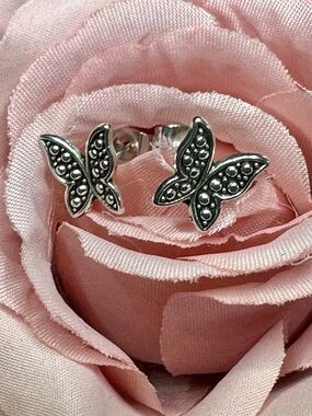 Butterfly Stud Earrings Silver Tone Vintage Style Dainty